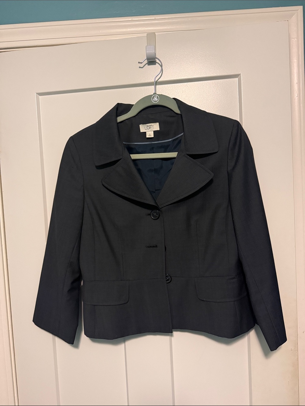 LOFT Dark Grey-blue Cropped Notch-Collar Blazer